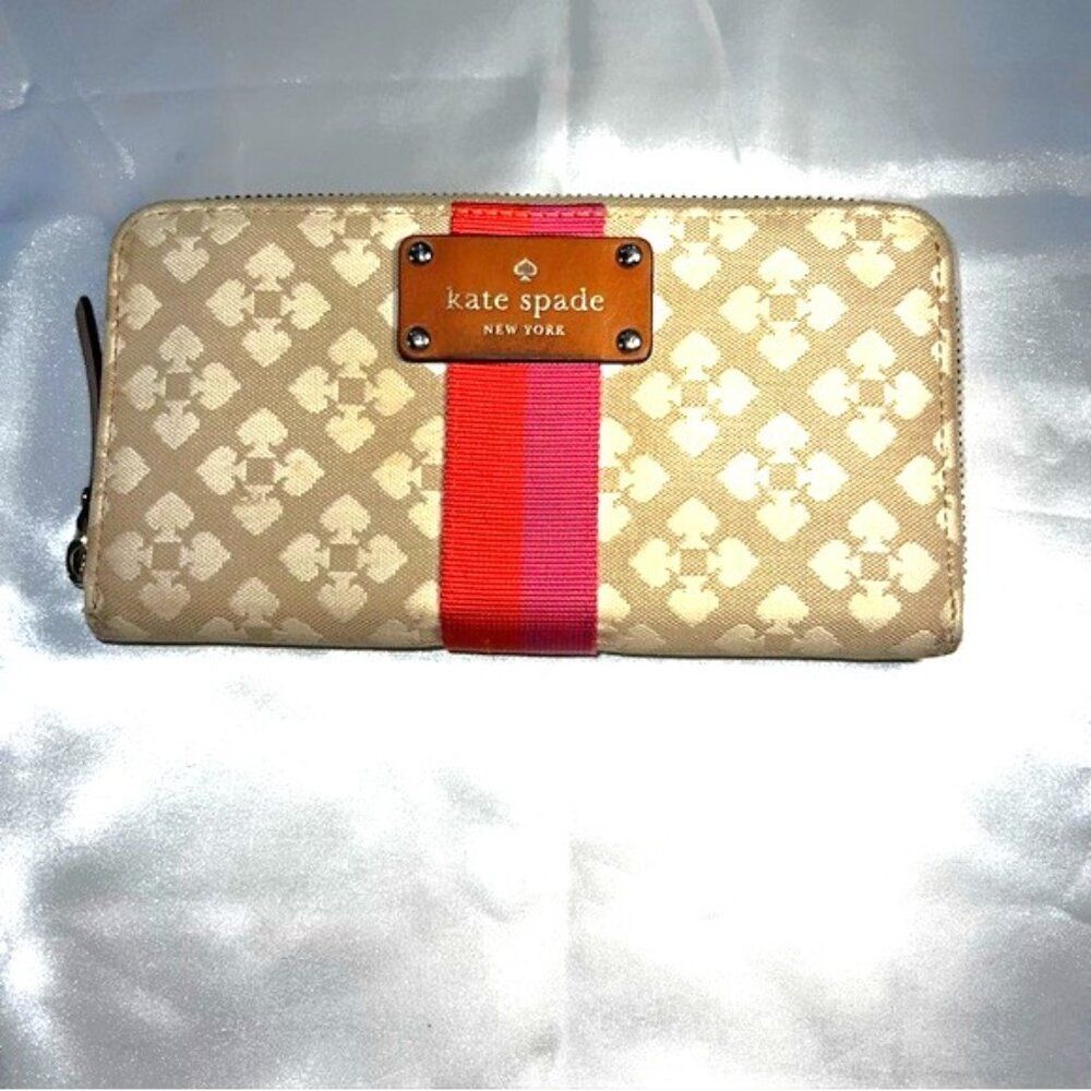 Kate Spade Neda Signature Beige and Pink Stripe Zip Around Wallet